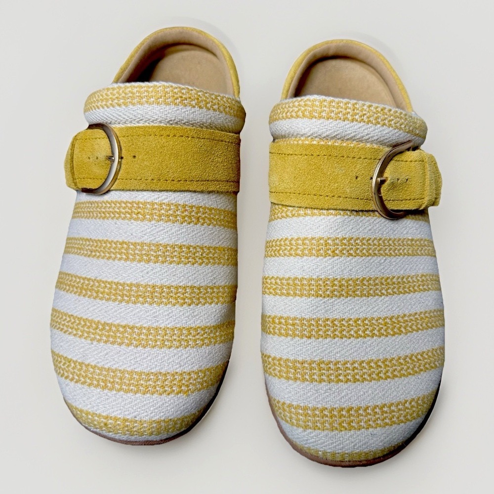 Spenco Women's Slip On Mule Clogs 9D‎ Wide Canvas Striped Yellow White Orthotic